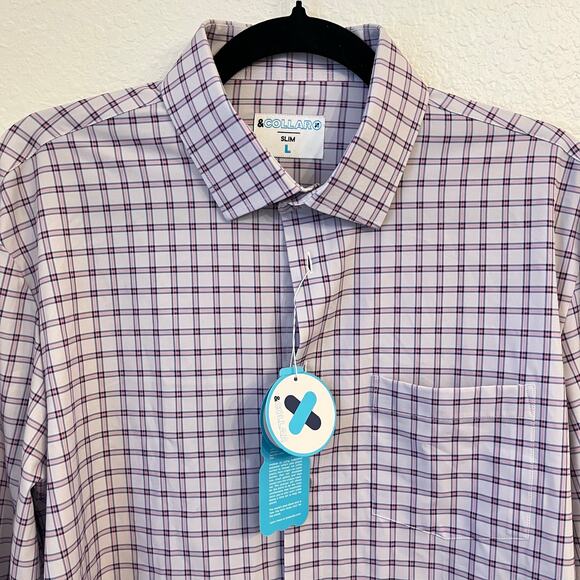 &Collar Button Up Mens Large Range Shirt Slim Plaid Purple White Long Sleeve NEW - Picture 2 of 12